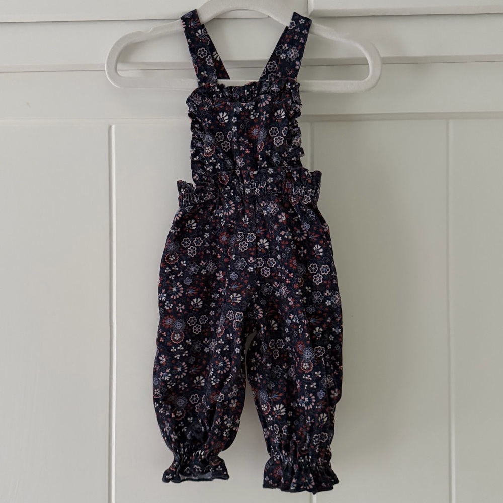 The New Society - Girls Navy Floral Ruffle Overalls